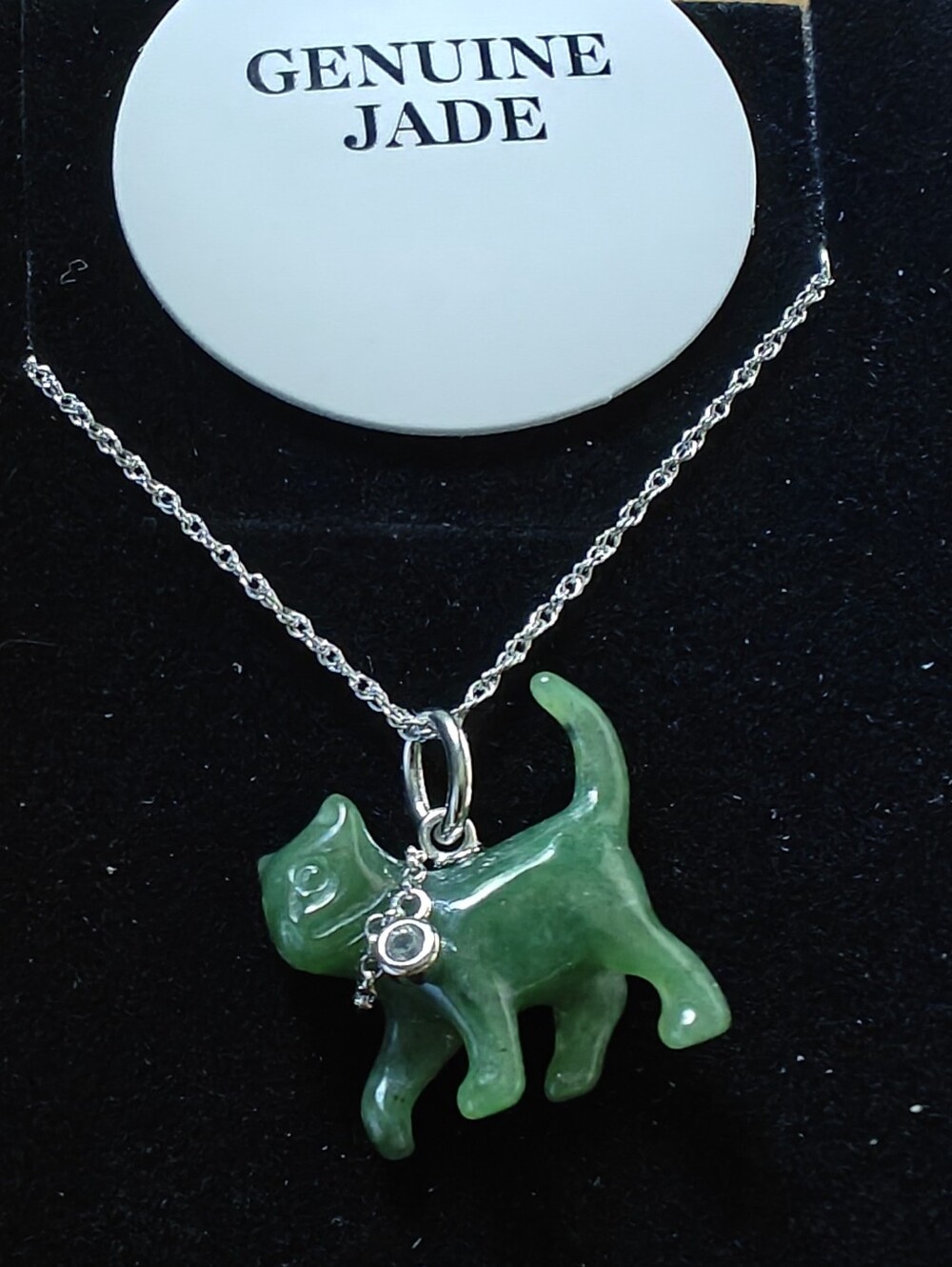 Dynasty Jade Nephrite Jade White Sapphire Cat Pendant Necklace 925 Sterling